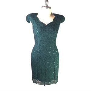 Vintage green sequined formal evening dress keyhole back Retro Y2K